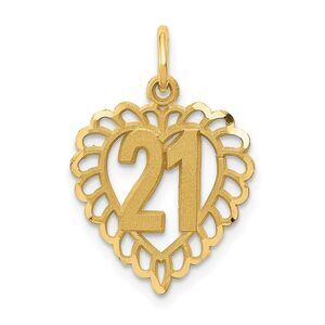 14k Yellow Gold Number 21 Heart Charm or Pendant, 15mm